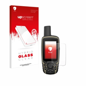 Parte frontal de un envase de producto con el logotipo de la marca upscreen. Al lado se muestra el dispositivo Garmin GPSMAP 6