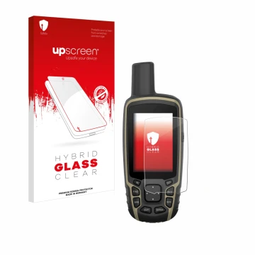 Parte frontal de un envase de producto con el logotipo de la marca upscreen. Al lado se muestra el dispositivo Garmin GPSMAP 6