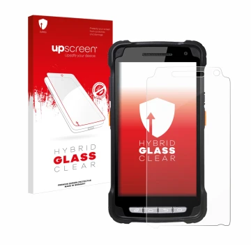 Parte frontal de un envase de producto con el logotipo de la marca upscreen. Al lado se muestra el dispositivo Point Mobile PM