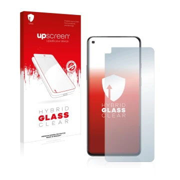 Parte frontal de un envase de producto con el logotipo de la marca upscreen. Al lado se muestra el dispositivo OnePlus 8T Plus