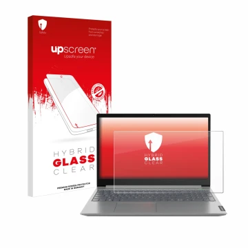 Parte frontal de un envase de producto con el logotipo de la marca upscreen. Al lado se muestra el dispositivo Lenovo ThinkBoo