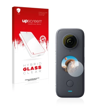 Parte frontal de un envase de producto con el logotipo de la marca upscreen. Al lado se muestra el dispositivo Insta360 One X2