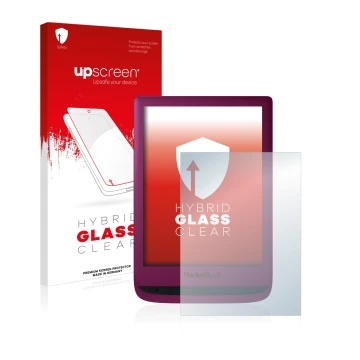 Parte frontal de un envase de producto con el logotipo de la marca upscreen. Al lado se muestra el dispositivo PocketBook Touc