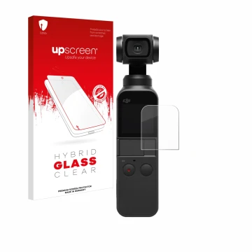 Parte frontal de un envase de producto con el logotipo de la marca upscreen. Al lado se muestra el dispositivo DJI Osmo Pocket
