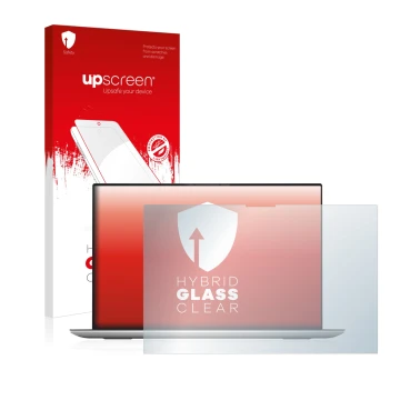 Parte frontal de un envase de producto con el logotipo de la marca upscreen. Al lado se muestra el dispositivo Dell XPS 17 970