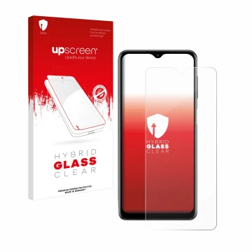 Parte frontal de un envase de producto con el logotipo de la marca upscreen. Al lado se muestra el dispositivo Samsung Galaxy 