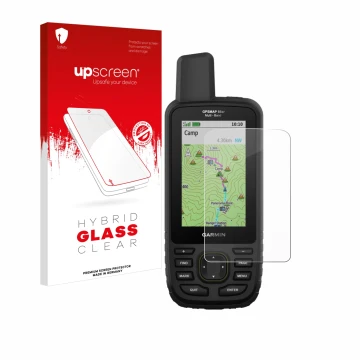 Parte frontal de un envase de producto con el logotipo de la marca upscreen. Al lado se muestra el dispositivo Garmin GPSMAP 6