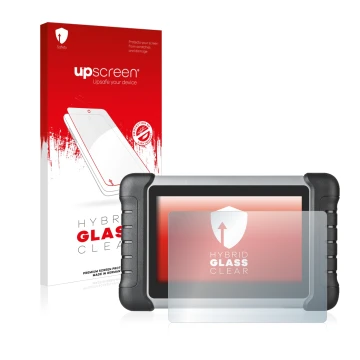 Parte frontal de un envase de producto con el logotipo de la marca upscreen. Al lado se muestra el dispositivo Autel MaxiCOM M