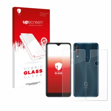 Parte frontal de un envase de producto con el logotipo de la marca upscreen. Al lado se muestra el dispositivo Alcatel 1S 2020