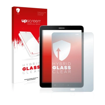 Parte frontal de un envase de producto con el logotipo de la marca upscreen. Al lado se muestra el dispositivo Samsung Galaxy 