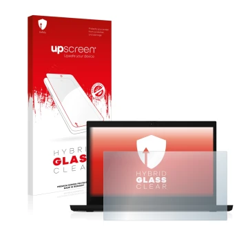 Parte frontal de un envase de producto con el logotipo de la marca upscreen. Al lado se muestra el dispositivo Lenovo ThinkPad