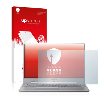 Parte frontal de un envase de producto con el logotipo de la marca upscreen. Al lado se muestra el dispositivo MEDION Akoya S1