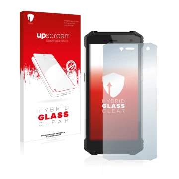 Parte frontal de un envase de producto con el logotipo de la marca upscreen. Al lado se muestra el dispositivo Hammer Energy 2