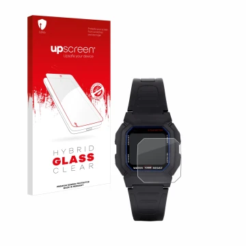Parte frontal de un envase de producto con el logotipo de la marca upscreen. Al lado se muestra el dispositivo Casio W-800H-1A