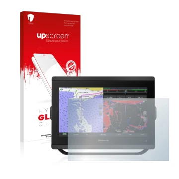 Parte frontal de un envase de producto con el logotipo de la marca upscreen. Al lado se muestra el dispositivo Garmin GPSMAP 8