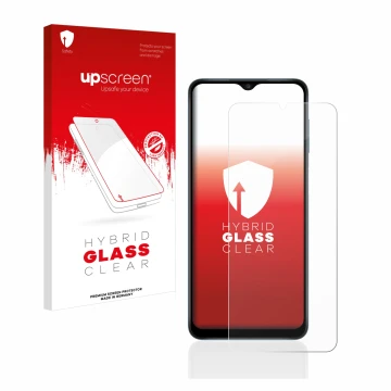 Parte frontal de un envase de producto con el logotipo de la marca upscreen. Al lado se muestra el dispositivo Samsung Galaxy 
