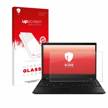 Parte frontal de un envase de producto con el logotipo de la marca upscreen. Al lado se muestra el dispositivo Lenovo ThinkPad