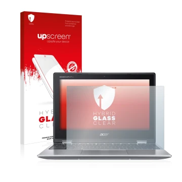 Parte frontal de un envase de producto con el logotipo de la marca upscreen. Al lado se muestra el dispositivo Acer Chromebook