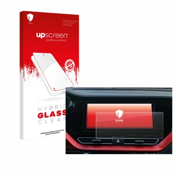 Parte frontal de un envase de producto con el logotipo de la marca upscreen. Al lado se muestra el dispositivo Kia E-Niro 2020
