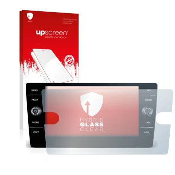 Parte frontal de un envase de producto con el logotipo de la marca upscreen. Al lado se muestra el dispositivo Volkswagen Pass