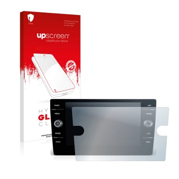 Parte frontal de un envase de producto con el logotipo de la marca upscreen. Al lado se muestra el dispositivo Volkswagen T-Ro