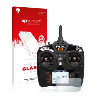 Parte frontal de un envase de producto con el logotipo de la marca upscreen. Al lado se muestra el dispositivo Spektrum NX6 co