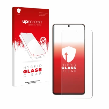 Parte frontal de un envase de producto con el logotipo de la marca upscreen. Al lado se muestra el dispositivo Samsung Galaxy 