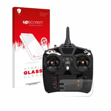 Parte frontal de un envase de producto con el logotipo de la marca upscreen. Al lado se muestra el dispositivo Spektrum NX8 co