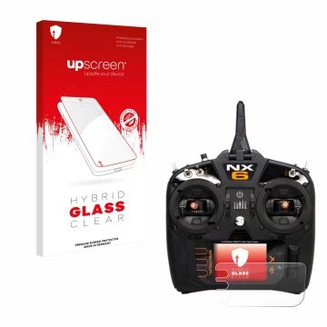 Parte frontal de un envase de producto con el logotipo de la marca upscreen. Al lado se muestra el dispositivo Spektrum NX10 c