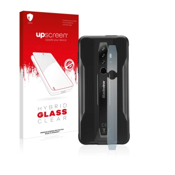 Parte frontal de un envase de producto con el logotipo de la marca upscreen. Al lado se muestra el dispositivo Blackview BV630