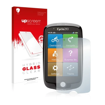 Parte frontal de un envase de producto con el logotipo de la marca upscreen. Al lado se muestra el dispositivo Mio Cyclo 210 c