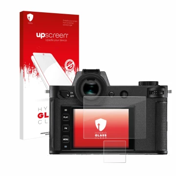 Parte frontal de un envase de producto con el logotipo de la marca upscreen. Al lado se muestra el dispositivo Leica SL2-S con