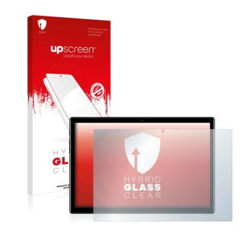 Parte frontal de un envase de producto con el logotipo de la marca upscreen. Al lado se muestra el dispositivo Teclast M40 (Fo