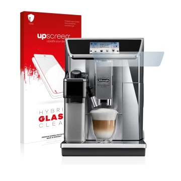Parte frontal de un envase de producto con el logotipo de la marca upscreen. Al lado se muestra el dispositivo DeLonghi PrimaD