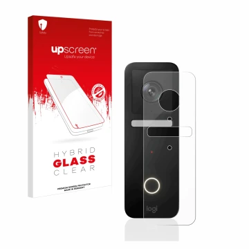 Parte frontal de un envase de producto con el logotipo de la marca upscreen. Al lado se muestra el dispositivo Logitech Circle