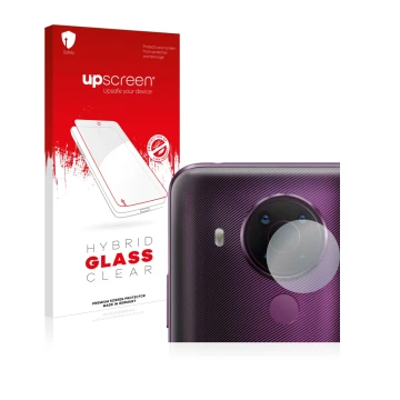 Parte frontal de un envase de producto con el logotipo de la marca upscreen. Al lado se muestra el dispositivo Nokia 5.4 (SÓLO