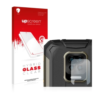 Parte frontal de un envase de producto con el logotipo de la marca upscreen. Al lado se muestra el dispositivo Doogee S59 Pro 