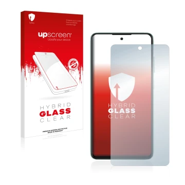 Parte frontal de un envase de producto con el logotipo de la marca upscreen. Al lado se muestra el dispositivo Samsung Galaxy 