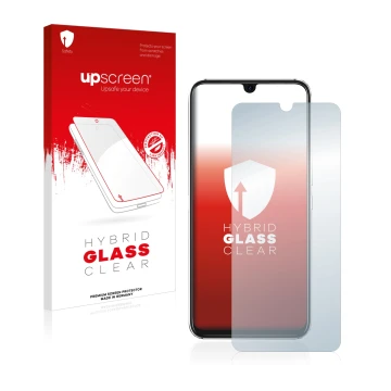 Parte frontal de un envase de producto con el logotipo de la marca upscreen. Al lado se muestra el dispositivo Umidigi A9 Pro 