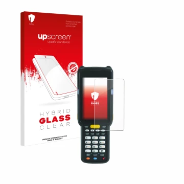 Parte frontal de un envase de producto con el logotipo de la marca upscreen. Al lado se muestra el dispositivo Zebra MC3300X c