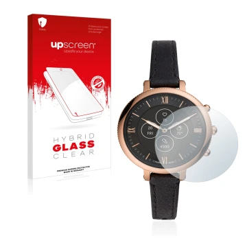 Parte frontal de un envase de producto con el logotipo de la marca upscreen. Al lado se muestra el dispositivo Fossil Monroe H