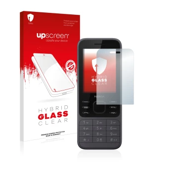 Parte frontal de un envase de producto con el logotipo de la marca upscreen. Al lado se muestra el dispositivo Nokia 6300 2020