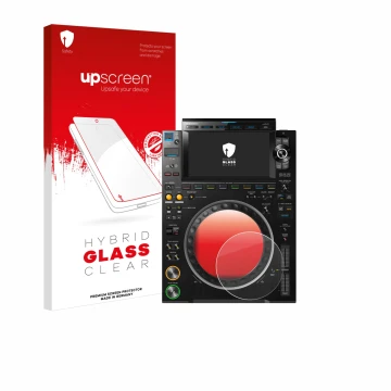 Parte frontal de un envase de producto con el logotipo de la marca upscreen. Al lado se muestra el dispositivo Pioneer CDJ 300