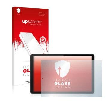 Parte frontal de un envase de producto con el logotipo de la marca upscreen. Al lado se muestra el dispositivo Lenovo Tab M10 