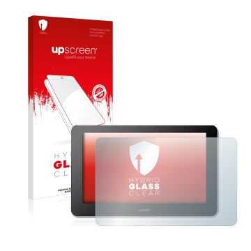 Parte frontal de un envase de producto con el logotipo de la marca upscreen. Al lado se muestra el dispositivo Wacom One Creat