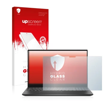 Parte frontal de un envase de producto con el logotipo de la marca upscreen. Al lado se muestra el dispositivo Dell Inspiron 1