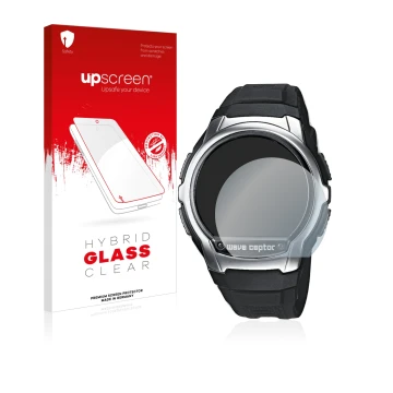 Parte frontal de un envase de producto con el logotipo de la marca upscreen. Al lado se muestra el dispositivo Casio Wave Cept