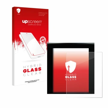 Parte frontal de un envase de producto con el logotipo de la marca upscreen. Al lado se muestra el dispositivo Renault Megane 