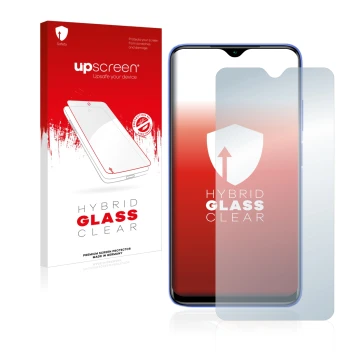 Parte frontal de un envase de producto con el logotipo de la marca upscreen. Al lado se muestra el dispositivo Xiaomi Redmi 9T