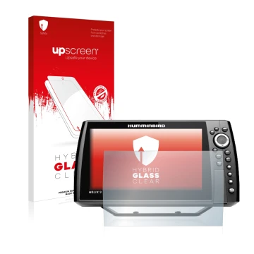 Parte frontal de un envase de producto con el logotipo de la marca upscreen. Al lado se muestra el dispositivo Humminbird Heli